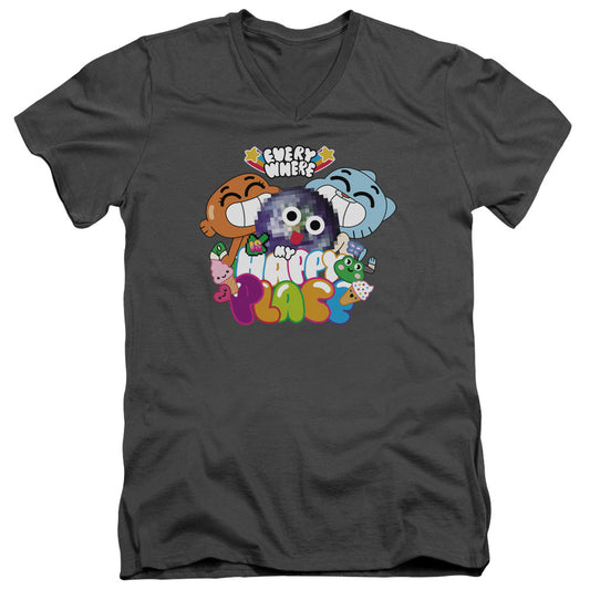 Amazing World of Gumball Happy Place Mens Slim Fit V Neck T Shirt Charcoal Officially Licensed