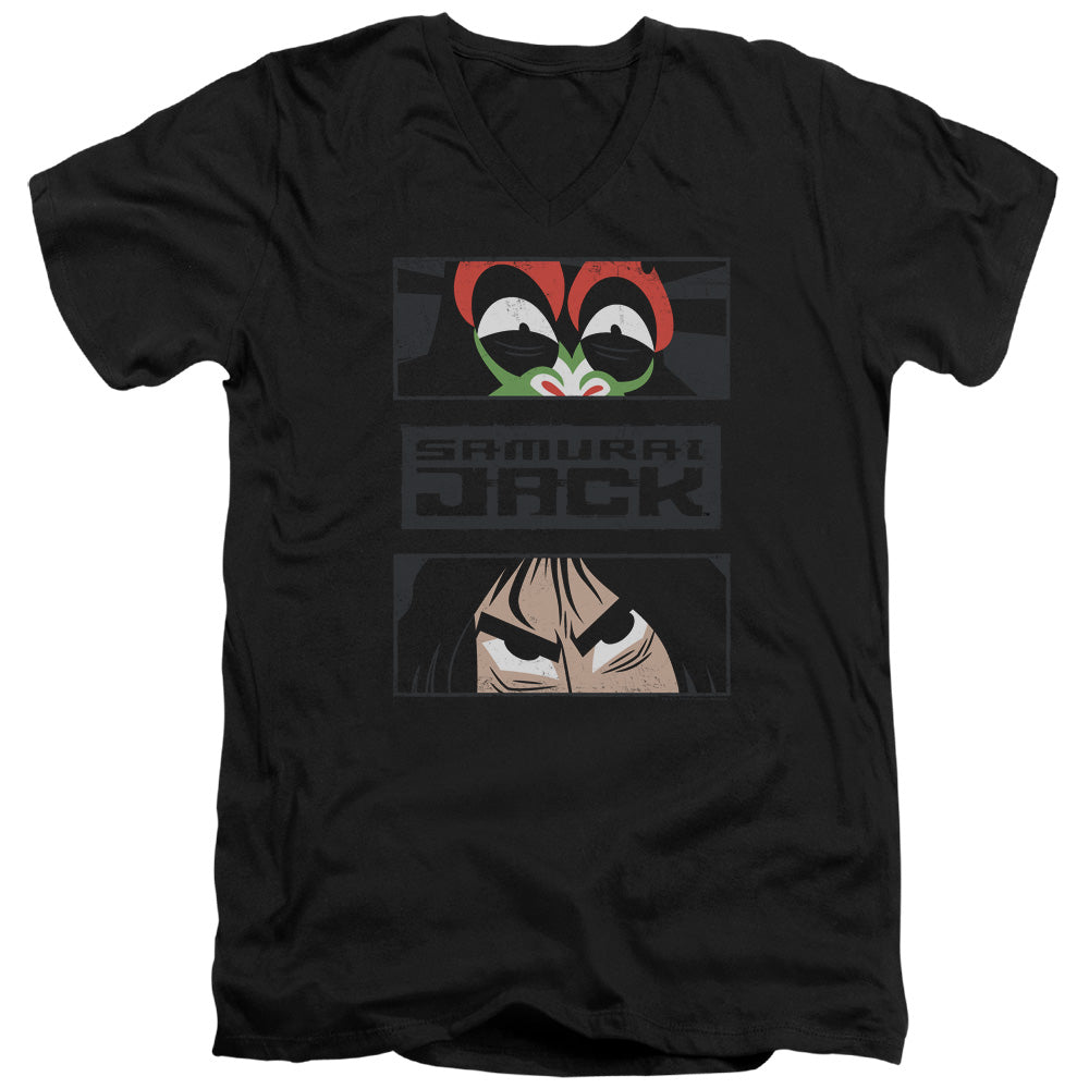 Samurai Jack Stare Down Mens Slim Fit V Neck T Shirt Black Officially Licensed