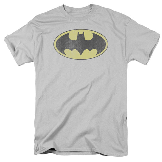 DC Comics Retro Bat Logo Distressed Mens T Shirt Silver Officially Licensed