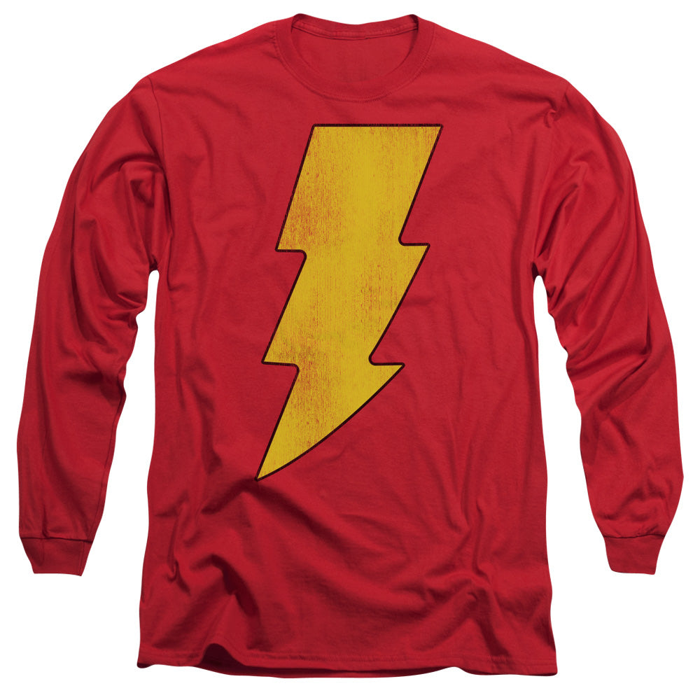 Dc Shazam Logo Distressed Mens Long Sleeve Shirt Red Officially Licensed