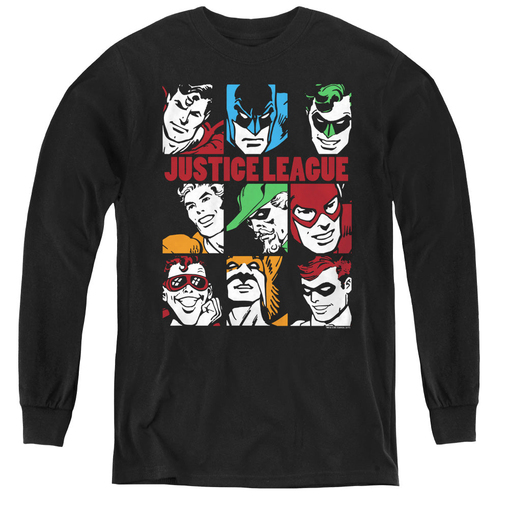 DC Comics Nine Blocks of Justice Long Sleeve Kids Youth T Shirt Black Officially Licensed
