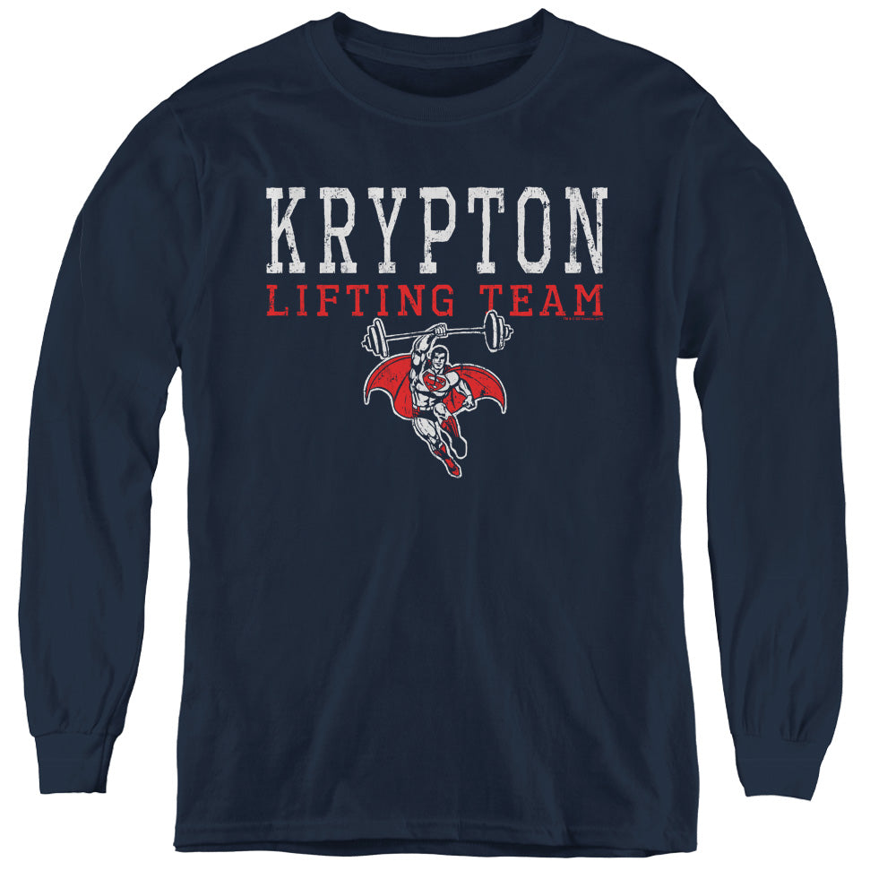 DC Comics Krpton Lifting Long Sleeve Kids Youth T Shirt Navy Blue Officially Licensed