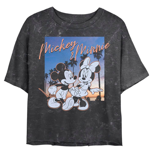 Disney Sunset Palm Trees Mickey and Minnie Mineral Wash Juniors Crop Top Shirt