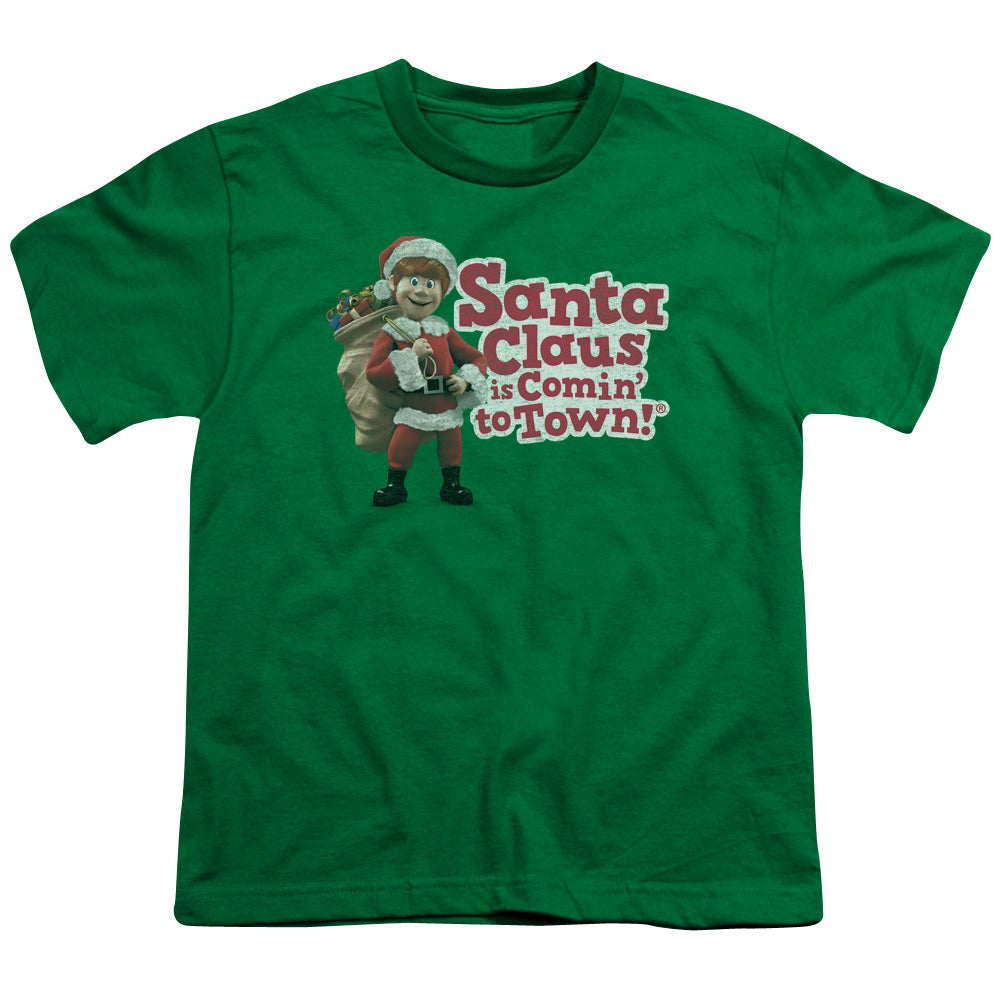 Santa Claus is Comin to Town Santa Logo Kids Youth T Shirt Kelly Green Officially Licensed