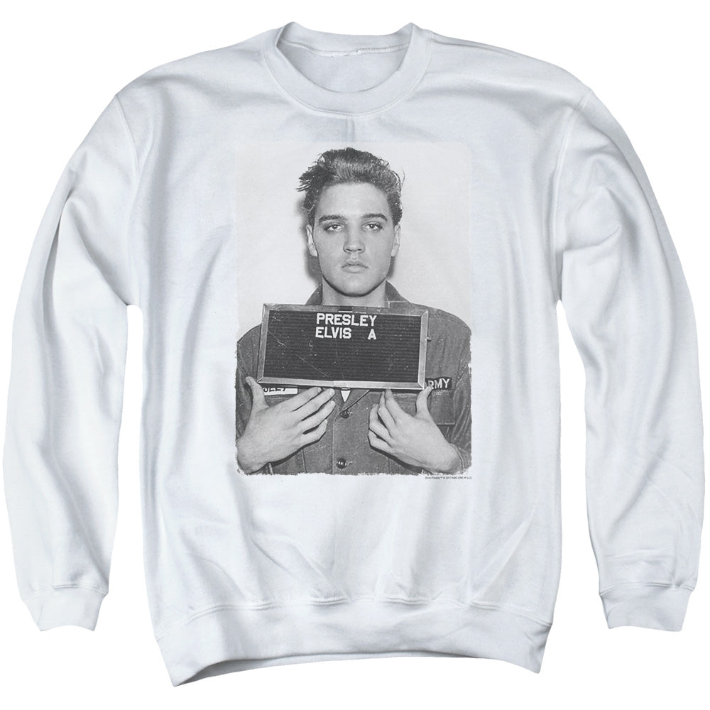 Elvis Presley Army Mug Shot Mens Crewneck Sweatshirt White