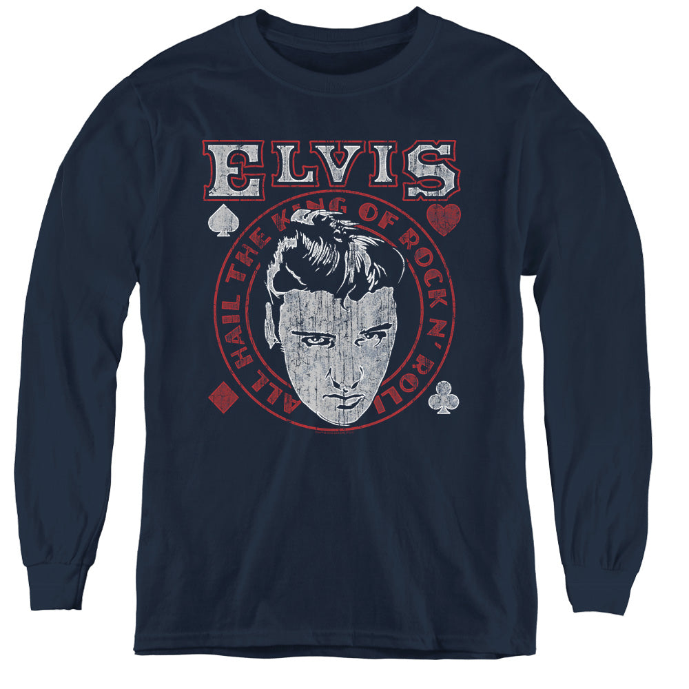 Elvis Presley Hail the King Long Sleeve Kids Youth T Shirt Navy Blue Officially Licensed
