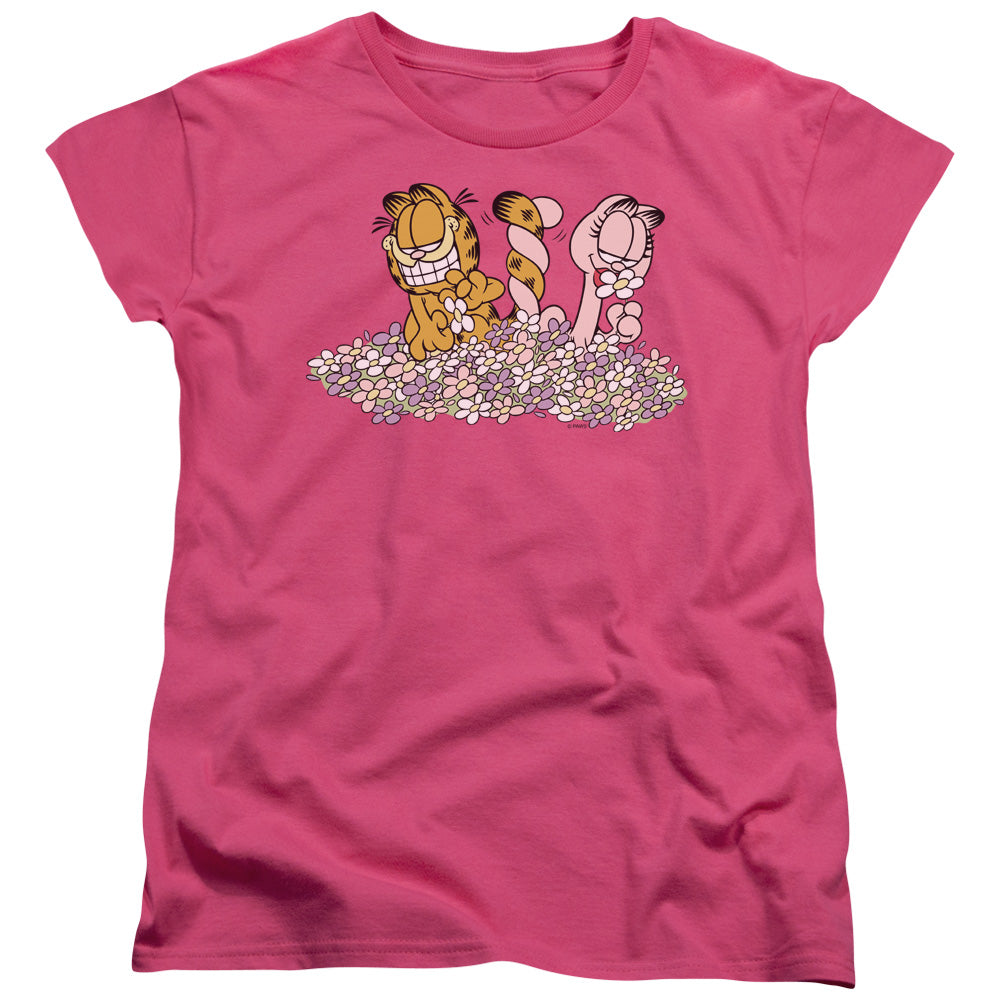 Garfield Chicks Dig Flowers Womens T Shirt Hot Pink