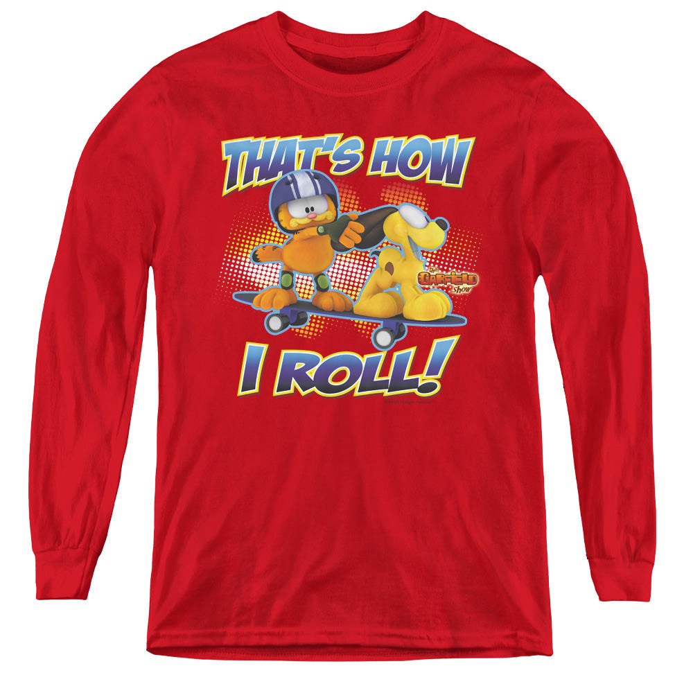 Garfield How I Roll Long Sleeve Kids Youth T Shirt Red