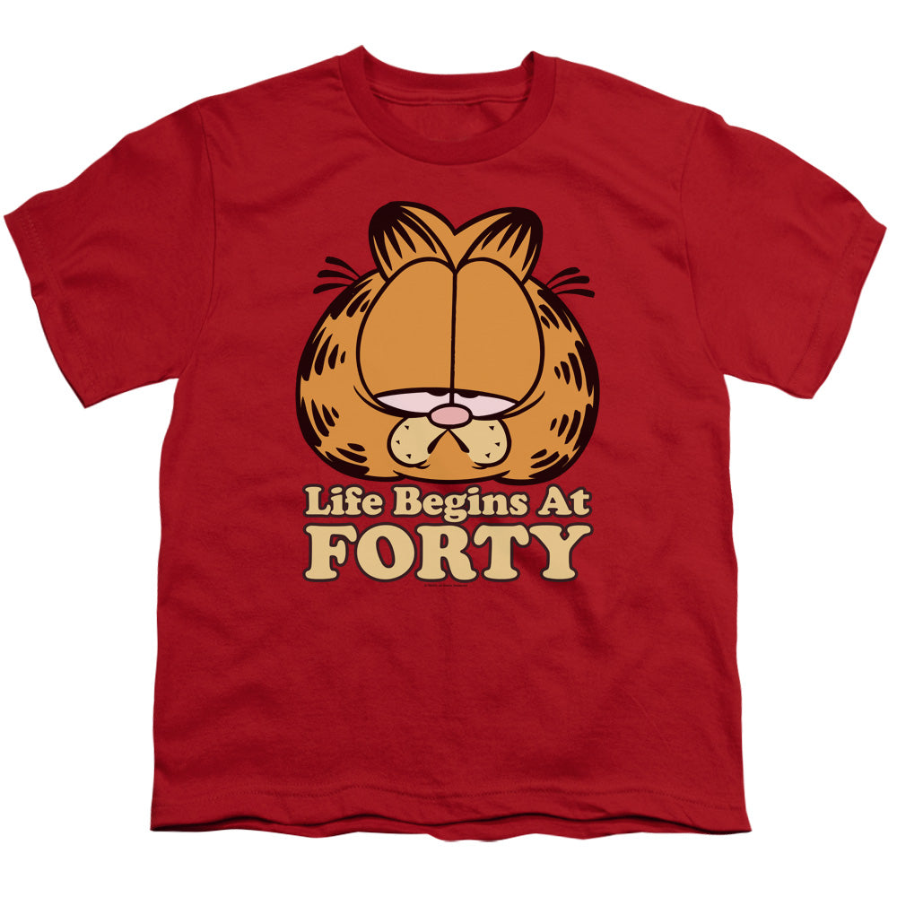Garfield Life Begins at Forty Kids Youth T Shirt Red