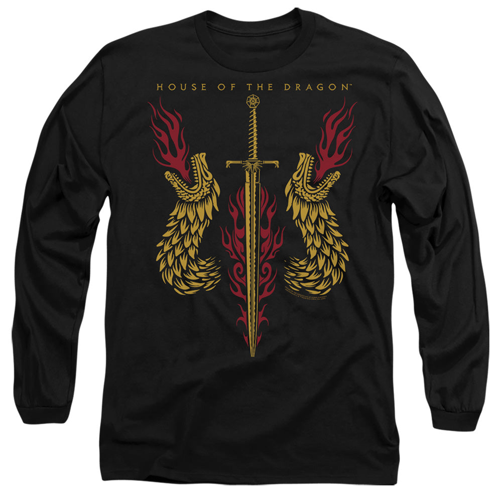 House Of The Dragon Sword And Dragon Heads Mens Long Sleeve Shirt Black Officially Licensed