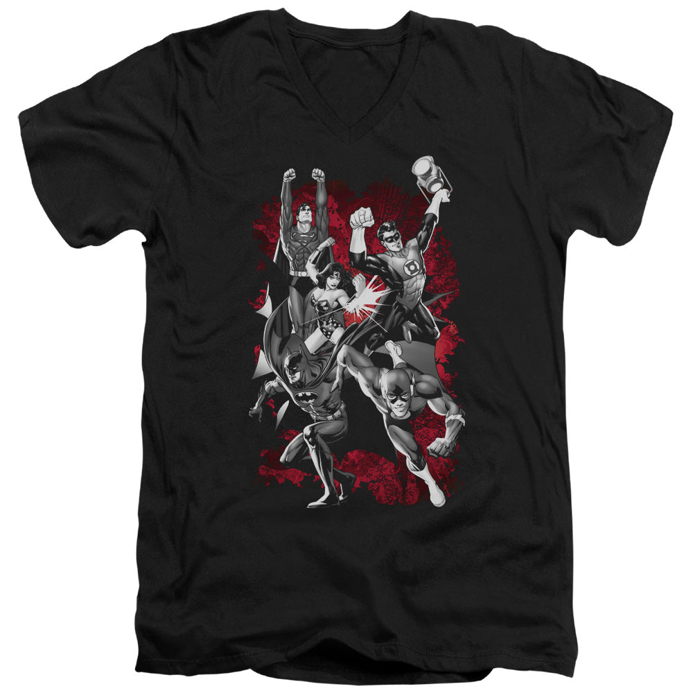 Justice League Justice League Explosion Mens Slim Fit V-Neck T Shirt Black Officially Licensed