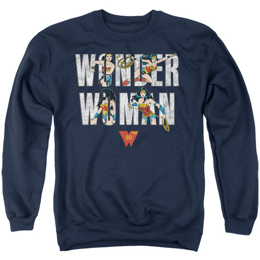 Wonder Woman Ww 80Th Illustrated Type Mens Crewneck Sweatshirt Navy Officially Licensed