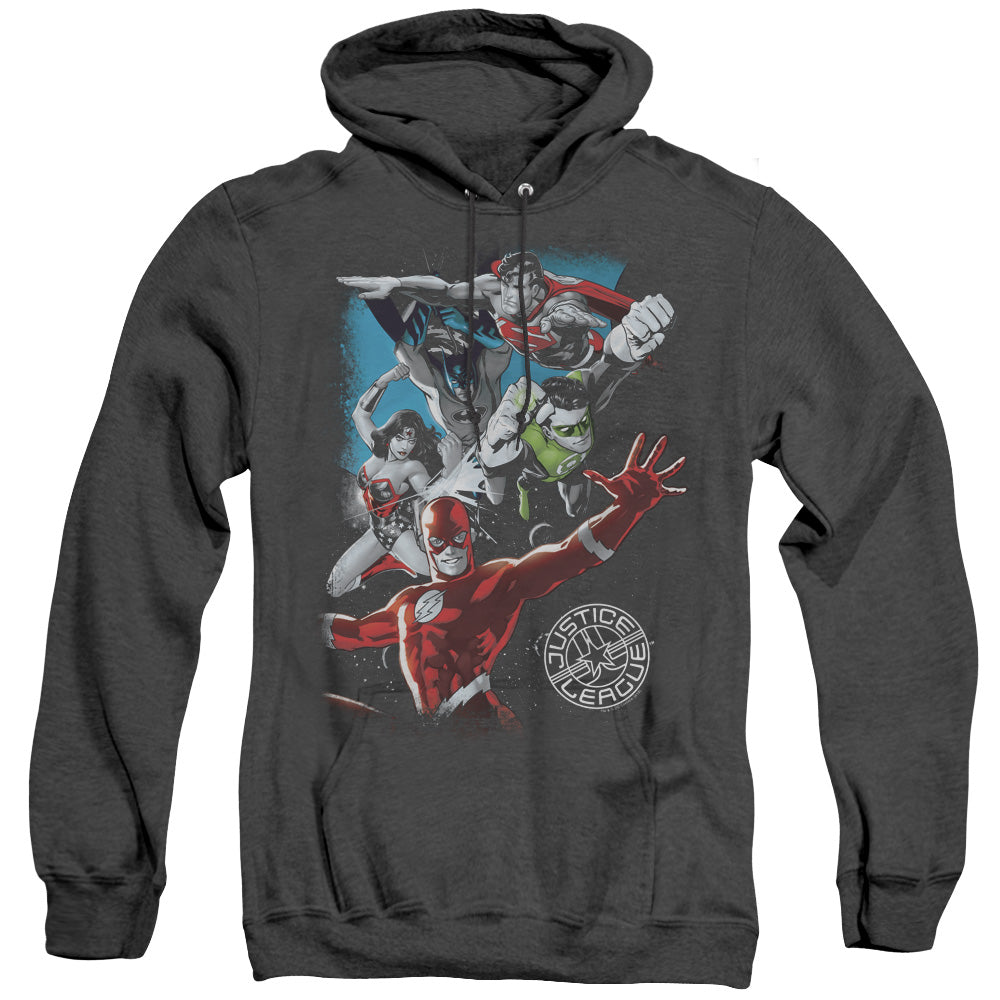 Justice League Of America Galactic Attack Mens Heather Hoodie Black Officially Licensed