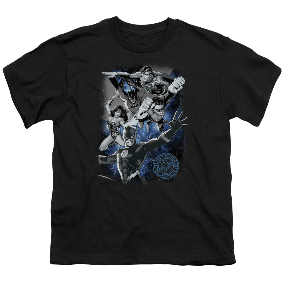 Justice League Galactic Attack Nebula Kids Youth T Shirt Black Officially Licensed