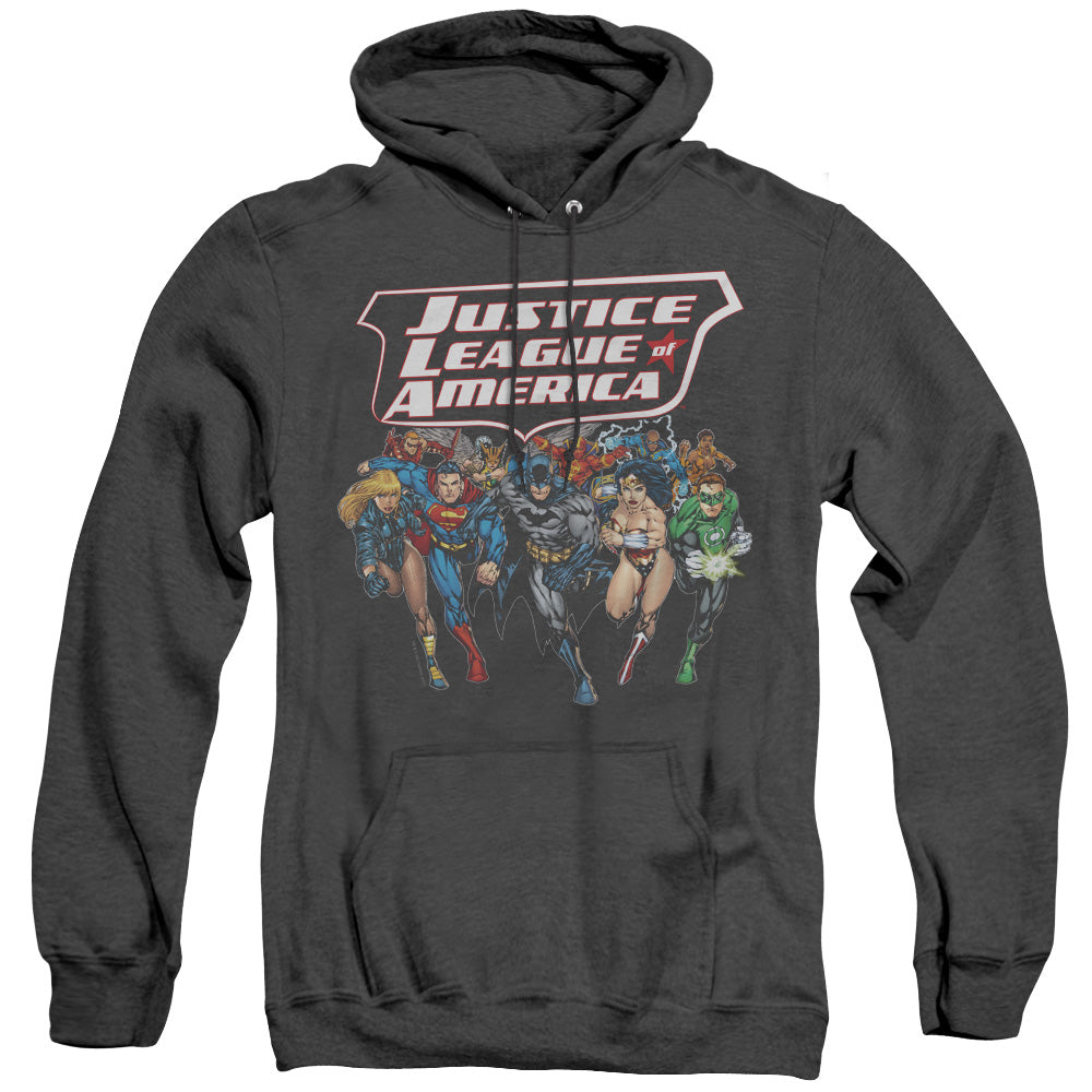 Justice League Of America Charging Justice Mens Heather Hoodie Black Officially Licensed