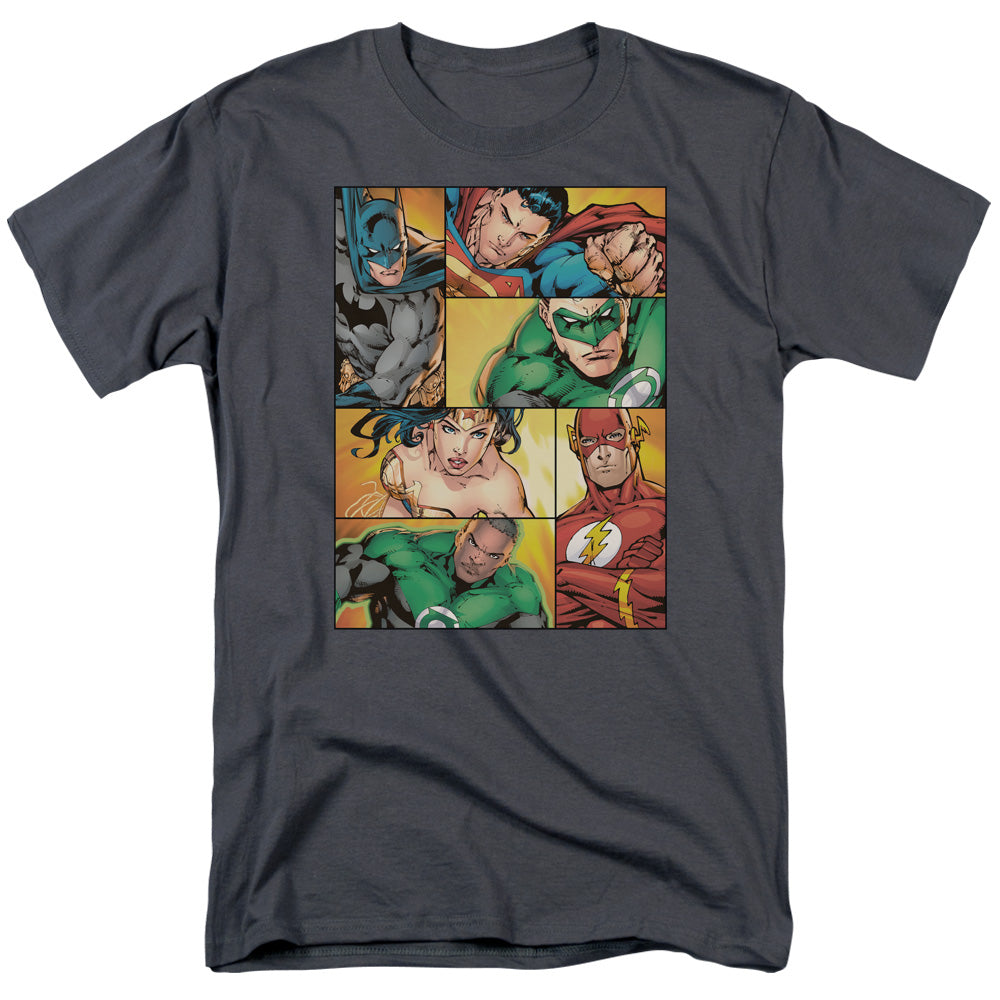 Justice League Hero Boxes Mens T Shirt Charcoal Officially Licensed