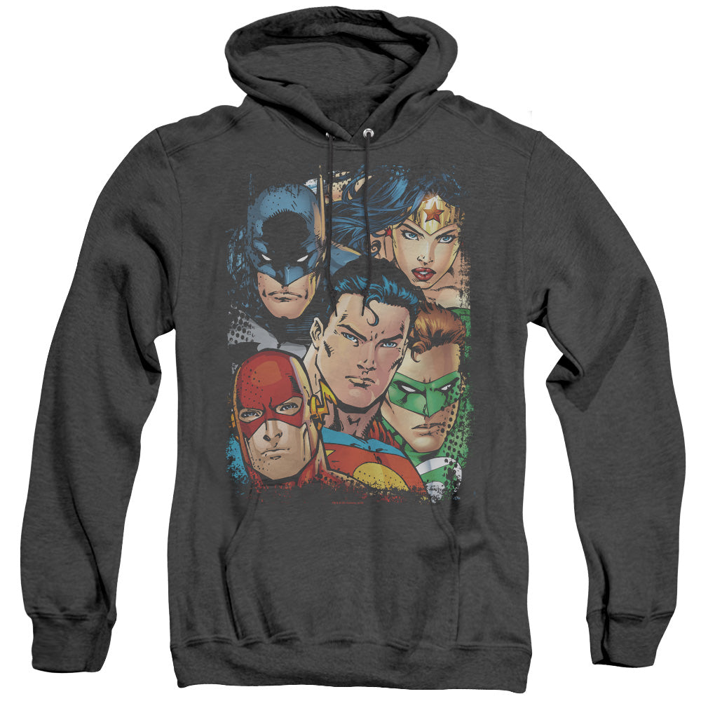 Justice League Of America Up Close And Personal Mens Heather Hoodie Black Officially Licensed