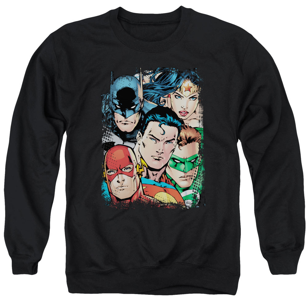 Justice League Up Close and Personal Mens Crewneck Sweatshirt Black Officially Licensed