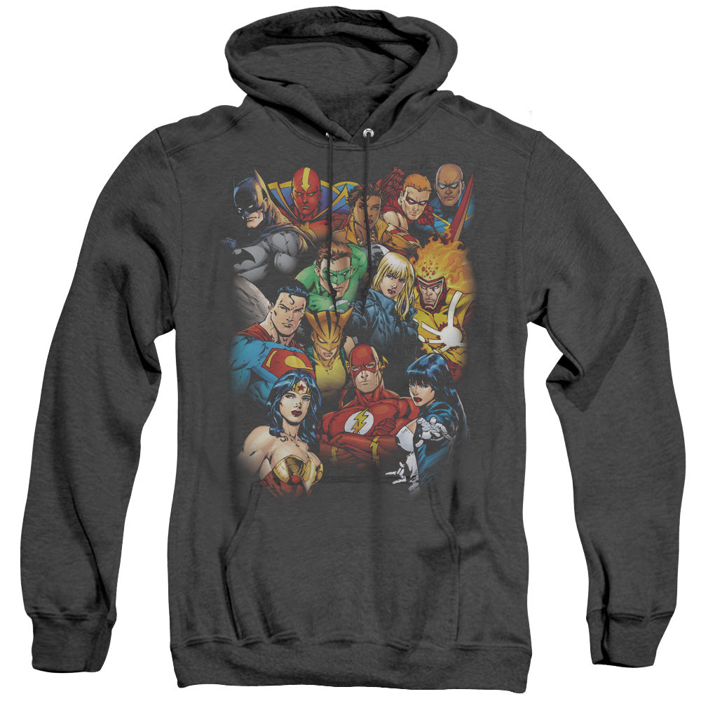 Justice League Of America The Leagues All Here Mens Heather Hoodie Black Officially Licensed