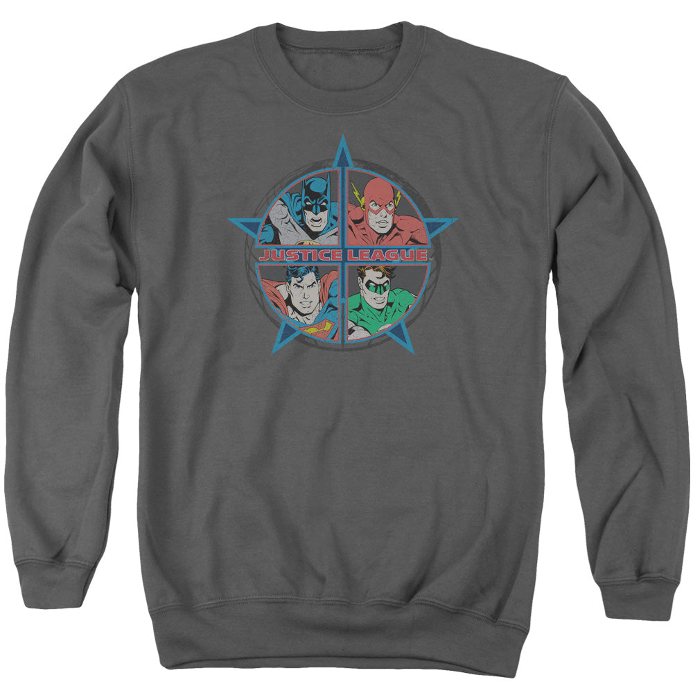 Justice League Of America Four Heroes Mens Crewneck Sweatshirt Charcoal Officially Licensed
