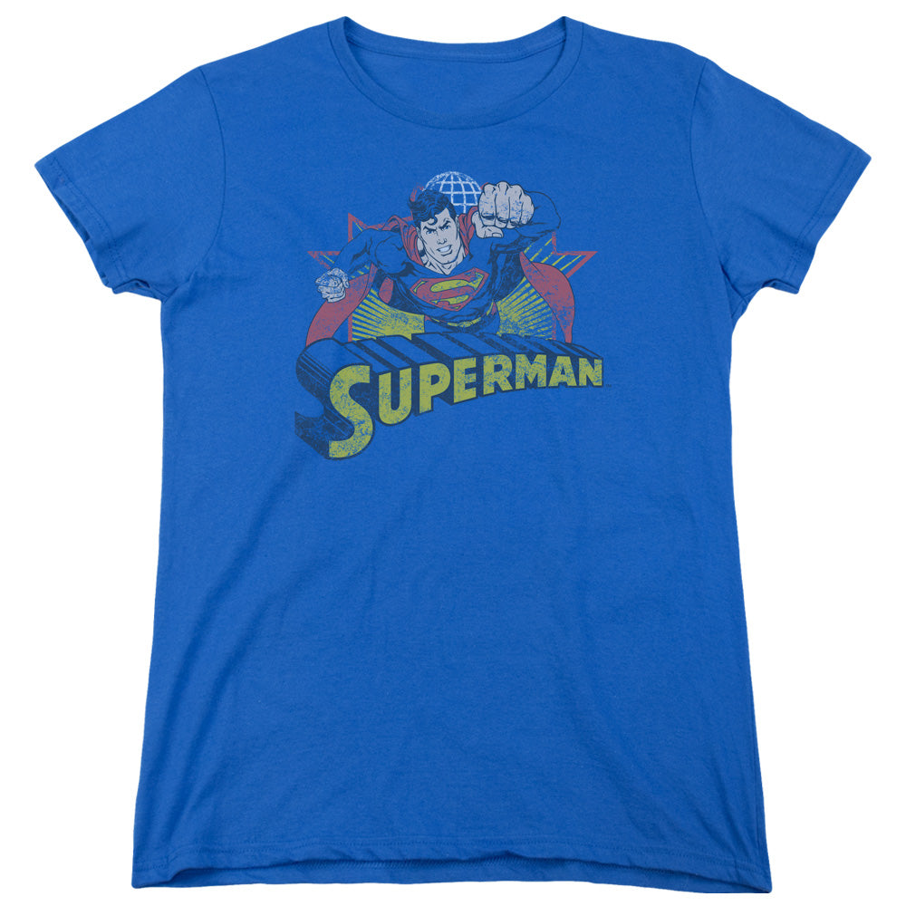 Justice League Superman Rough Distress Womens T Shirt Royal Blue Officially Licensed