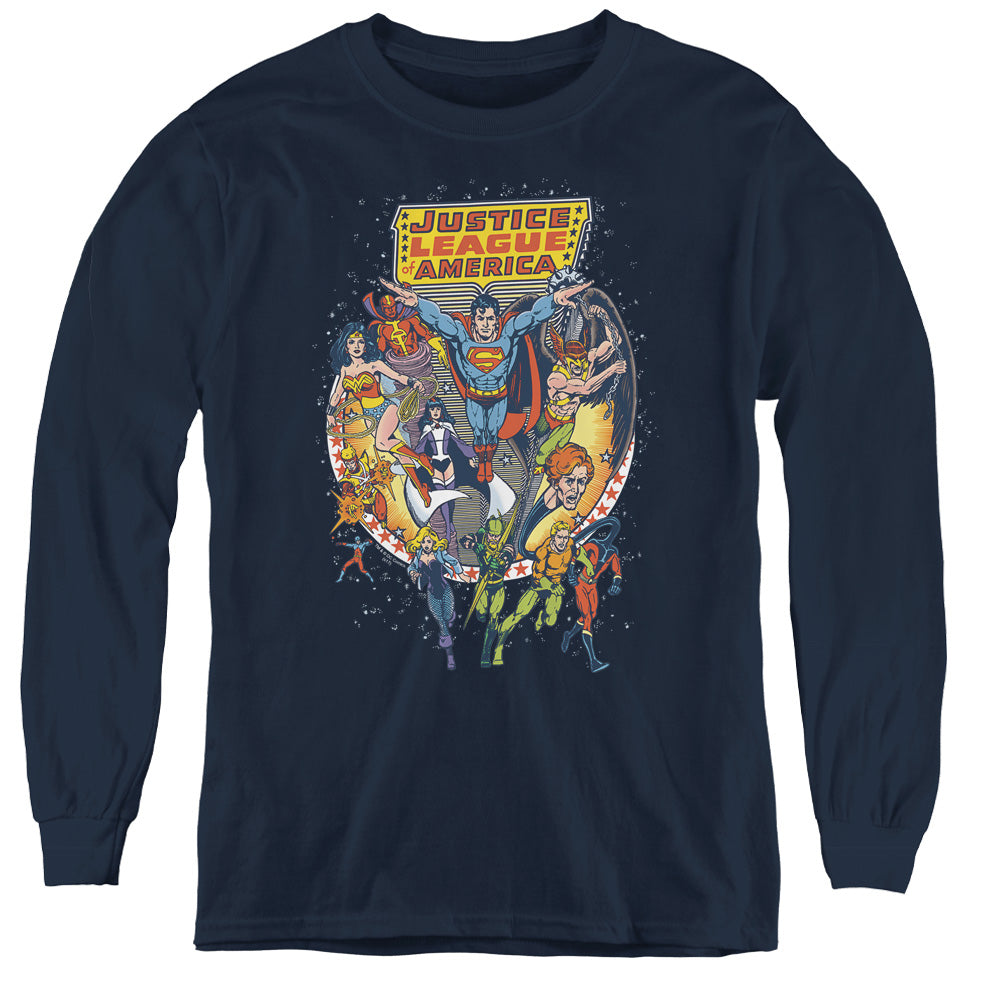 Justice League Star Group Long Sleeve Kids Youth T Shirt Navy Blue Blue Officially Licensed