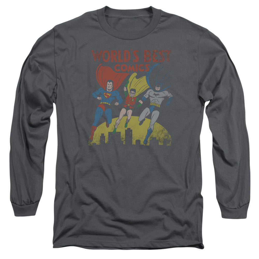 Justice League Worlds Best Mens Long Sleeve Shirt Charcoal Officially Licensed