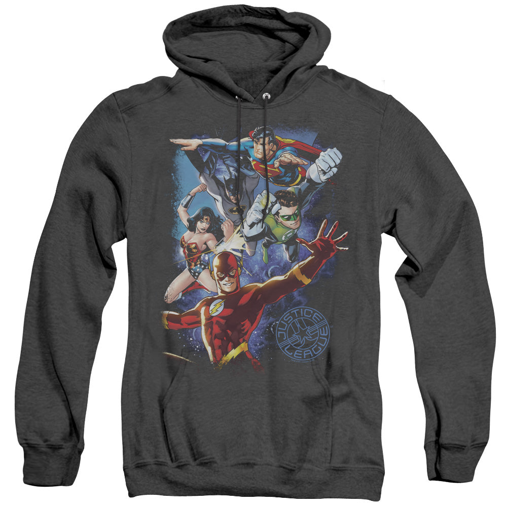Justice League Of America Galactic Attack Color Mens Heather Hoodie Black Officially Licensed