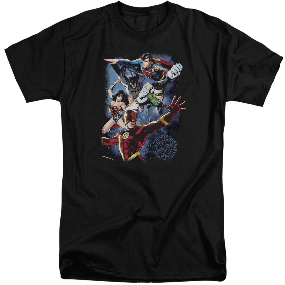 Justice League Of America Galactic Attack Color Mens Tall T Shirt Black Officially Licensed