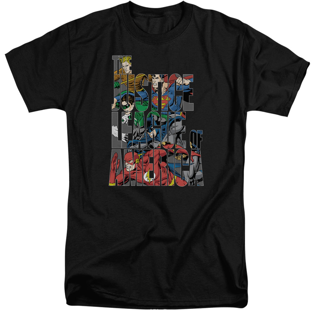 Justice League Of America Lettered League Mens Tall T Shirt Black Officially Licensed