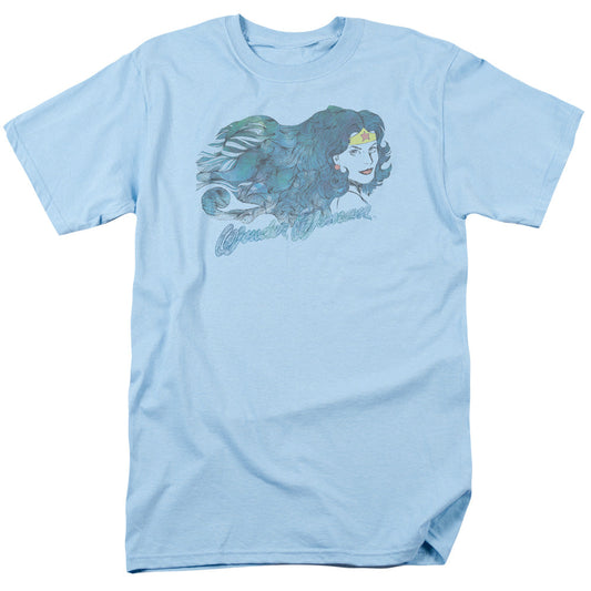 Justice League Of America Watercolor Hair Mens T Shirt Light Blue Officially Licensed