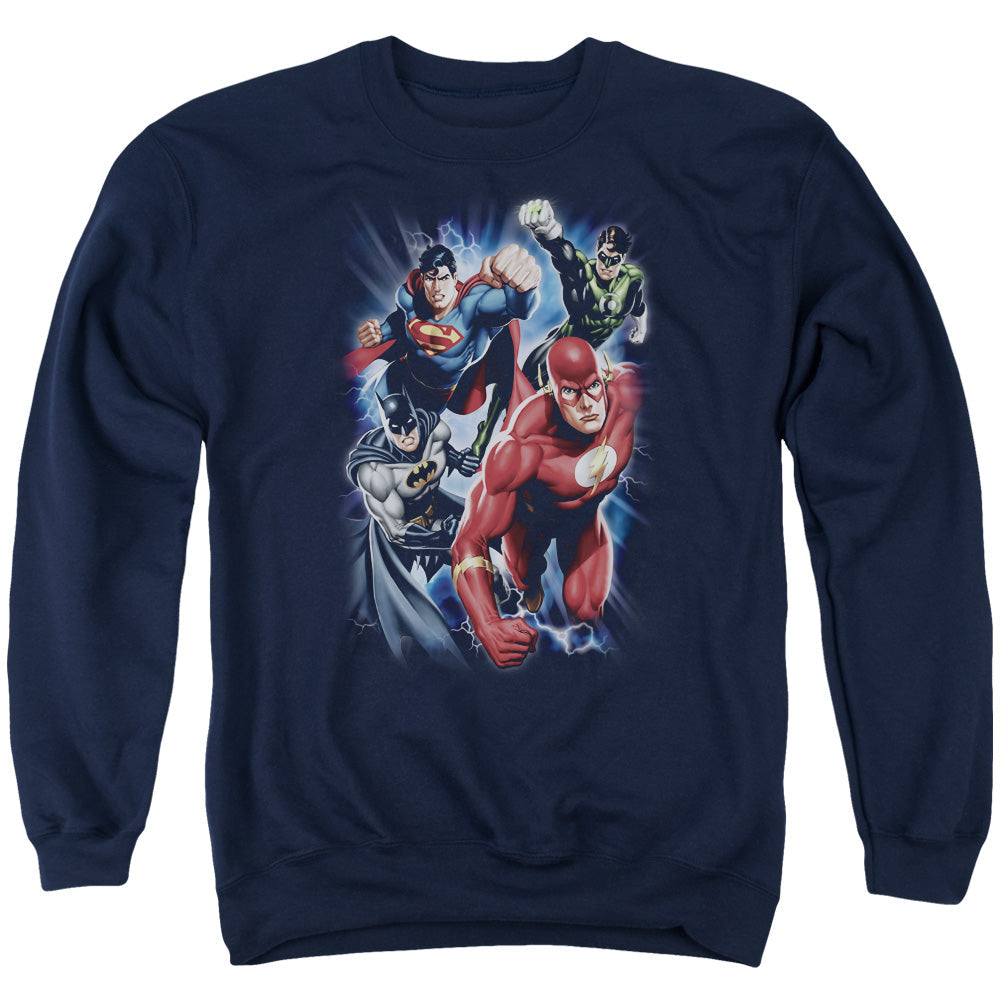 Justice League Storm Chasers Mens Crewneck Sweatshirt Navy Blue Blue Officially Licensed