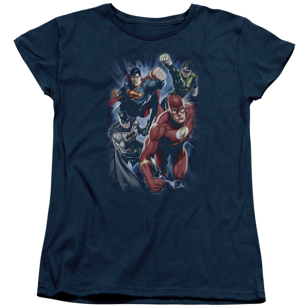 Justice League Storm Chasers Womens T Shirt Navy Blue Blue Officially Licensed