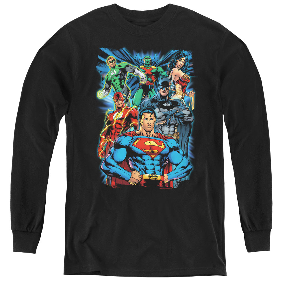 Justice League Justice is Served Long Sleeve Kids Youth T Shirt Black Officially Licensed
