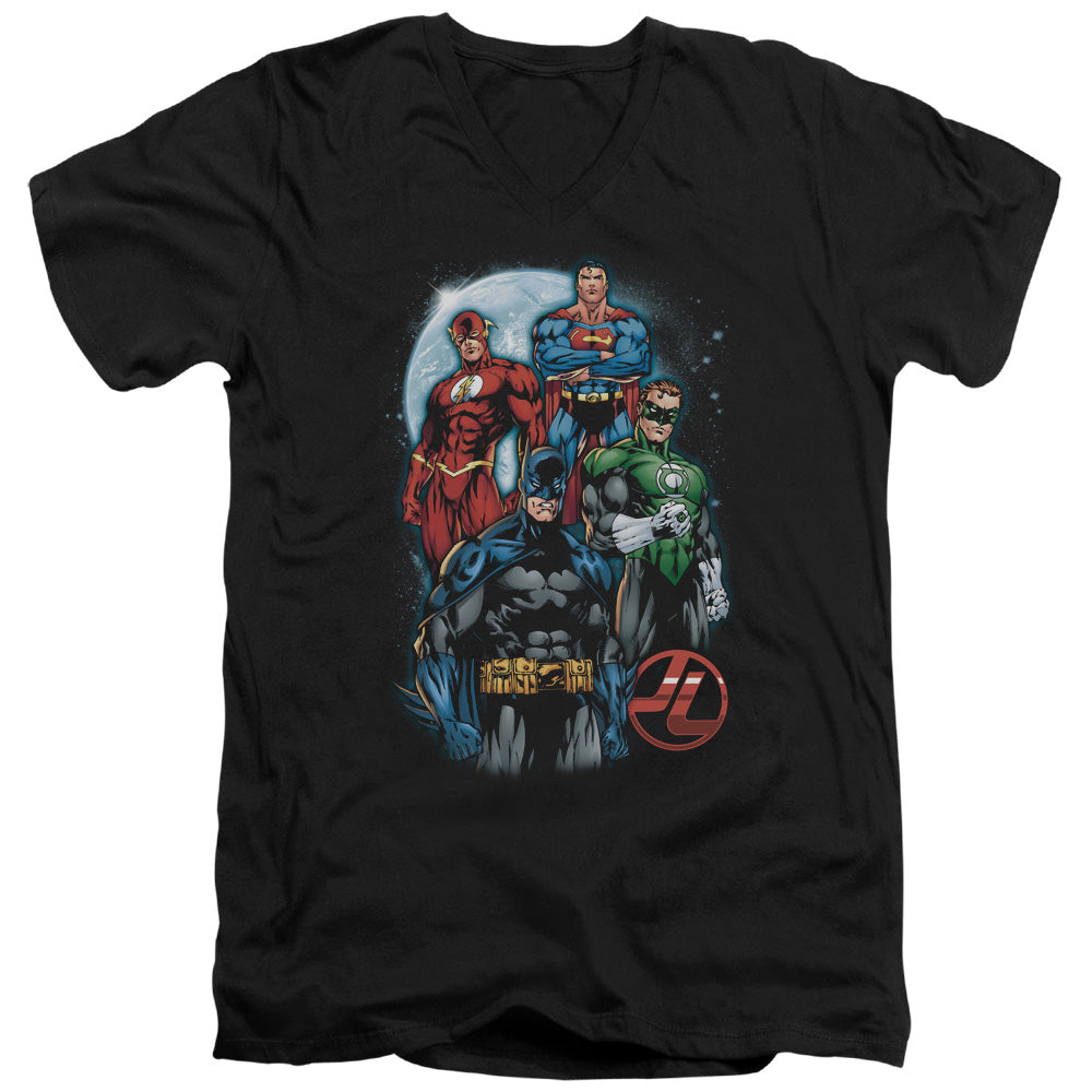 Justice League the Four Mens Slim Fit V-Neck T Shirt Black Officially Licensed