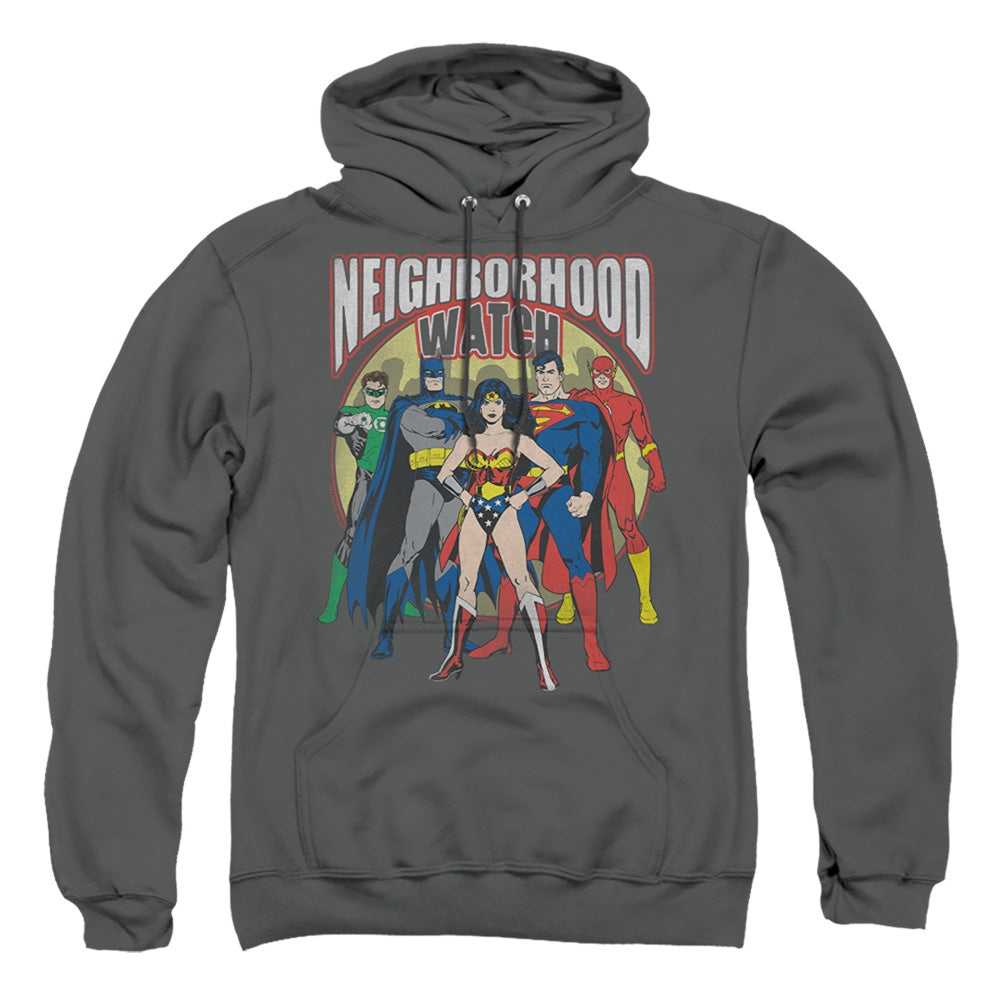 Justice League Of America Neighborhood Watch Mens Hoodie Charcoal Officially Licensed