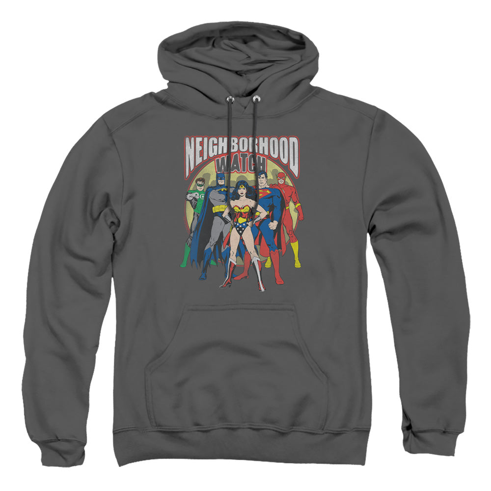 Justice League Of America Neighborhood Watch Mens Hoodie Charcoal Officially Licensed