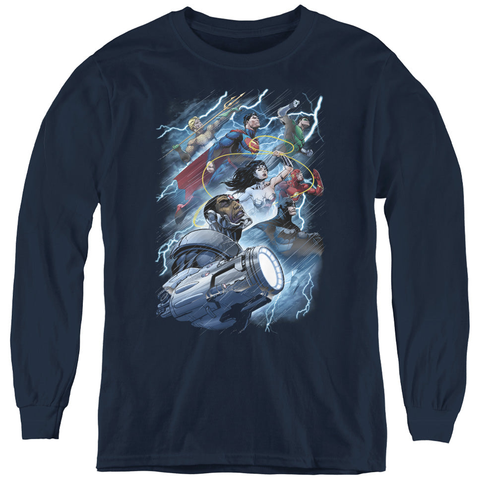 Justice League Ride the Lightening Long Sleeve Kids Youth T Shirt Navy Blue Blue Officially Licensed