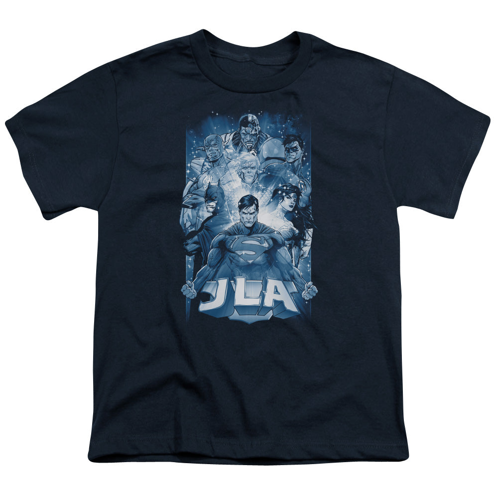 Justice League Burst Kids Youth T Shirt Navy Blue Blue Officially Licensed