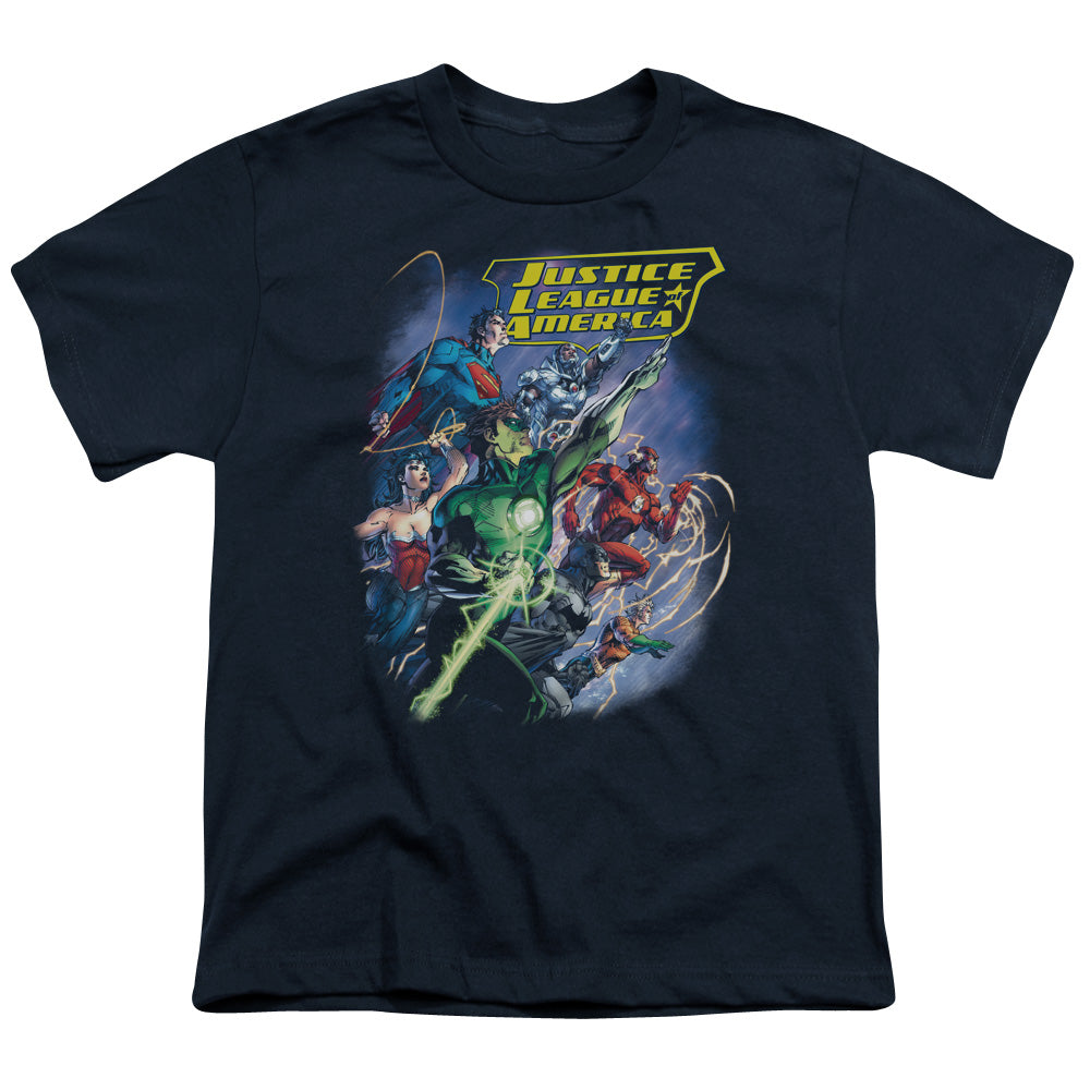 Justice League Onward Kids Youth T Shirt Navy Blue Blue Officially Licensed