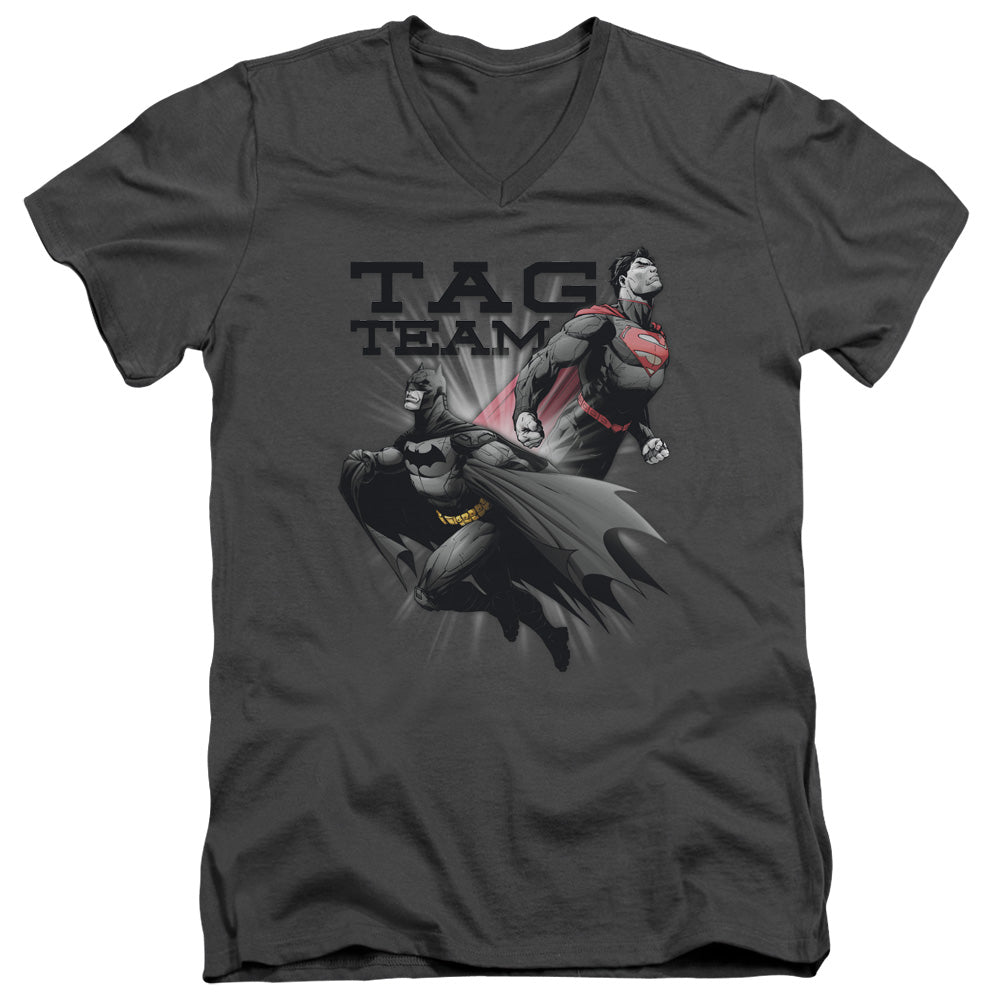 Justice League Tag Team Mens Slim Fit V-Neck T Shirt Charcoal Officially Licensed