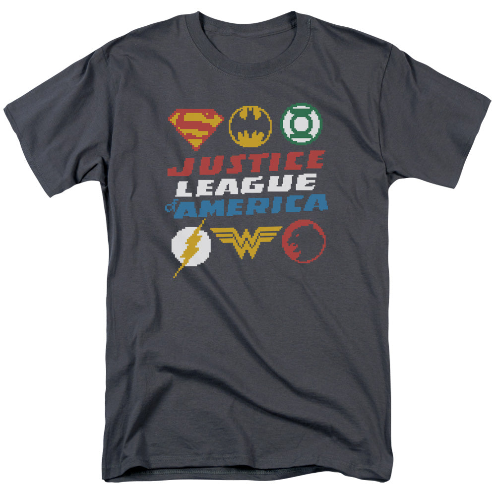 Justice League Pixel Logos Mens T Shirt Charcoal Officially Licensed