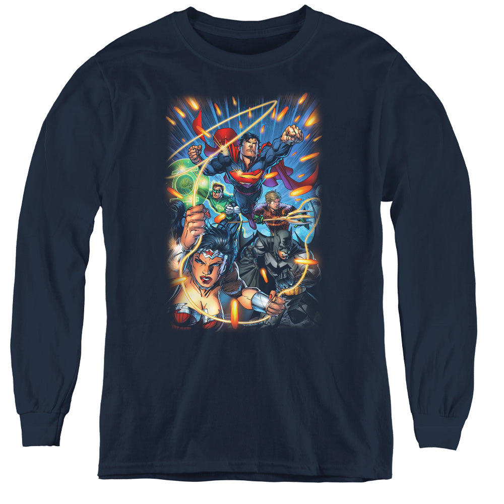 Justice League Under Attack Long Sleeve Kids Youth T Shirt Navy Blue Blue Officially Licensed