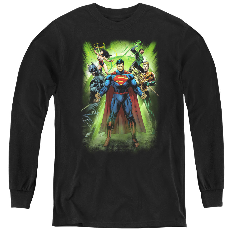 Justice League Power Burst Long Sleeve Kids Youth T Shirt Black Officially Licensed