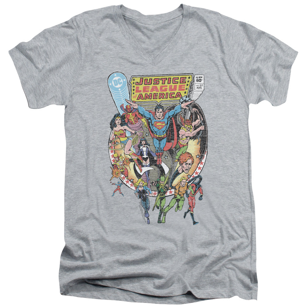 Justice League Team Up Mens Slim Fit V-Neck T Shirt Athletic Heather Officially Licensed