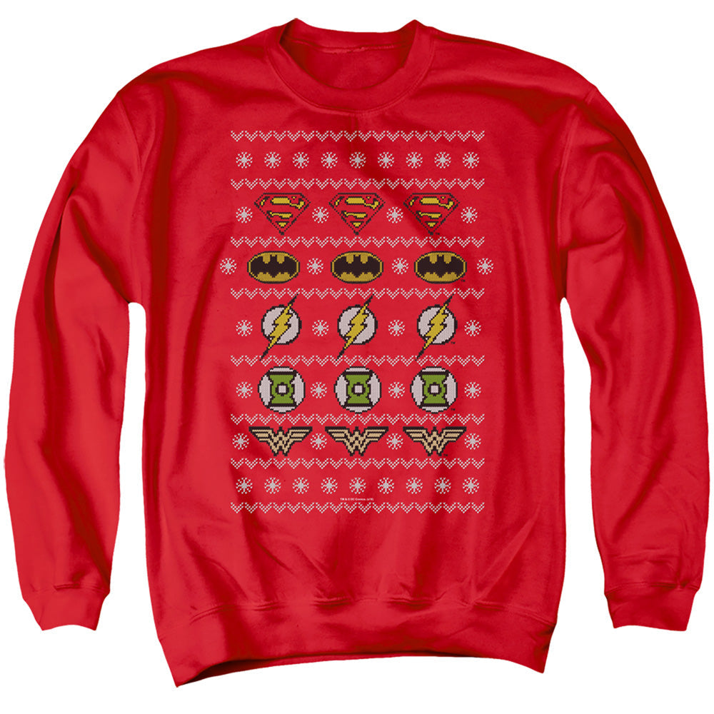 Justice League Of America Justice Shields Christmas Sweater Mens Crewneck Sweatshirt Red Officially Licensed