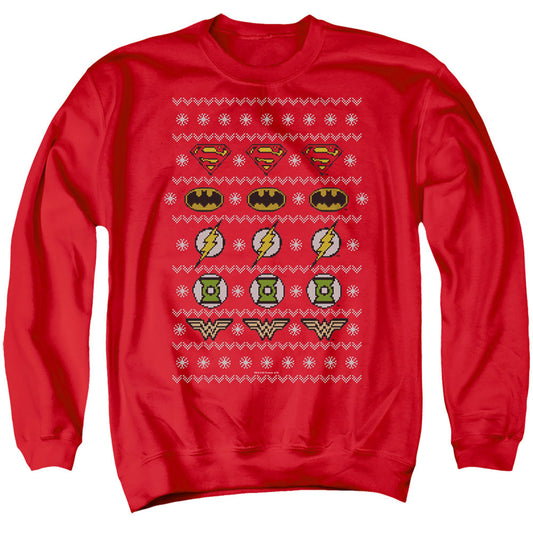 Justice League Of America Justice Shields Christmas Sweater Mens Crewneck Sweatshirt Red Officially Licensed