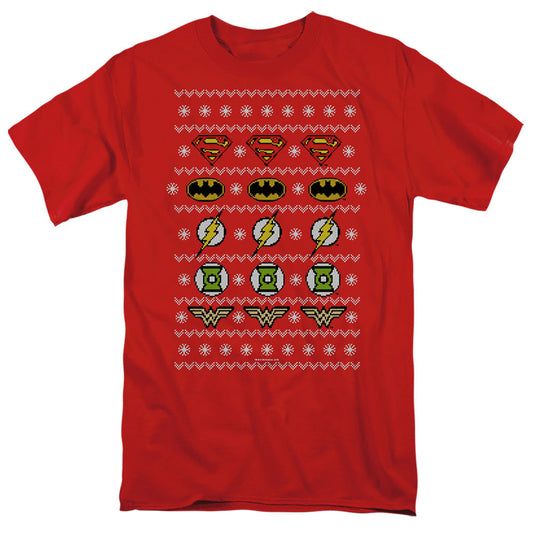 Justice League Of America Justice Shields Christmas Sweater Mens T Shirt Red Officially Licensed
