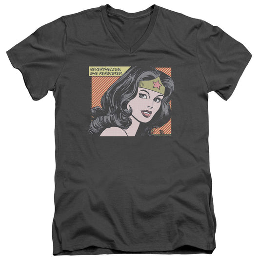 Wonder Woman She Persisted Mens Slim Fit V-Neck T Shirt Charcoal Officially Licensed