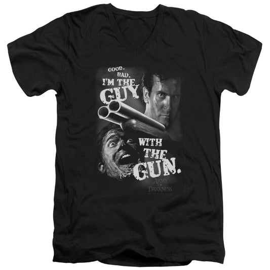 Army Of Darkness Guy With The Gun Mens Slim Fit V-Neck T Shirt Black Officially Licensed